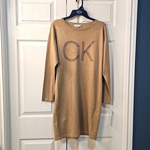 New Calvin Klein Long Sweater Dress w CK Bling Logo Tan/Gold Size SMALL - Picture 5 of 11